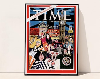 Portada vintage de Londres de la revista Time, póster de los años 60, escena londinense, arte mural de viajes de moda, Reino Unido, descarga digital