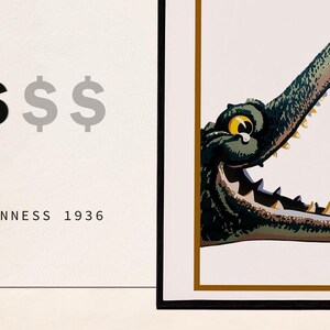 Puede incluir: Un anuncio vintage de Guinness con un cocodrilo de dibujos animados con un vaso de Guinness en la boca. El texto "$$$ GUINNESS 1936" est&aacute; impreso debajo del cocodrilo.