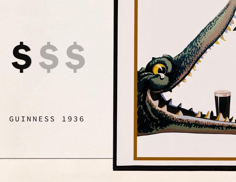 Puede incluir: Un anuncio vintage de Guinness con un cocodrilo de dibujos animados con un vaso de Guinness en la boca. El texto "$$$ GUINNESS 1936" est&aacute; impreso debajo del cocodrilo.