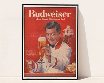 Budweiser Vintage Bar Cart Poster, When There's Life There's Bud, Retro Beer Print, Home Kitchen and BarDecor