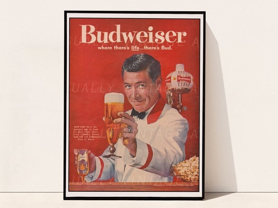 Budweiser Vintage Bar Cart Poster, When There's Life There's Bud, Retro Beer Print, Home Kitchen and BarDecor