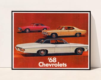 ヴィンテージ 1968 シボレー カーズ ポスター、レッド レトロカー プリント、クラシック シボレー ウォールアート、デジタルダウンロード オート デコレーション