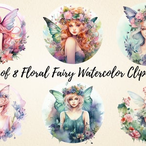 Floral Fairy Clipart Bundle, Watercolor Magical Fairies PNG Illustrations, Ideal for Art Prints, Nursery Decor, Scrapbooking, Invitations