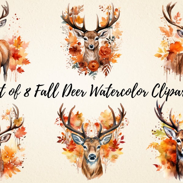 Fall Deer Watercolor Clipart, Cute Deer PNG Bundle, High Quality Images, Autumn Animal Invitation Party, Nursery Art Decor, Digital Download