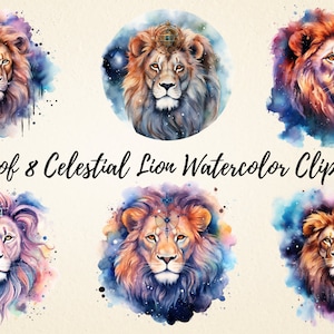Clipart de aquarela de leão celestial, imagens PNGs de leões de alta qualidade, arte de decoração de berçário, álbum de recortes, artesanato em papel digital, diário indesejado