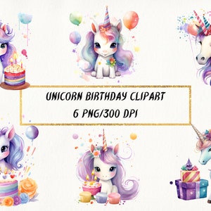 Unicorn verjaardag aquarel clipart, eenhoorns Happy Birthday Party Card uitnodigingen, illustraties van hoge kwaliteit, 1e verjaardagscadeau