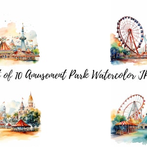 10 imágenes prediseñadas de acuarela de parque de atracciones, imágenes prediseñadas de carnaval, JPG de alta calidad, manualidades de papel digital, fabricación de tarjetas, técnica mixta, Scrapbooking
