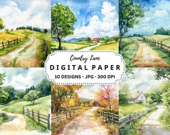 Country Lane Watercolor Backgrounds: 10 JPGs for Scrapbooking (Digital Download)