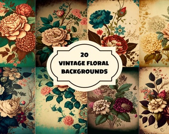 20 Vintage Floral Wallpaper Backgrounds, Floral Digital Paper Pack, Retro Paper Pack, Digital Download