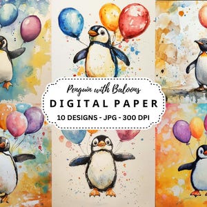 Paquete de imágenes de pingüinos con globos, 10 fondos en formato JPG de acuarela de alta calidad para diarios basura, fiestas, álbumes de recortes y manualidades de papel