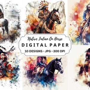 Native Indian Malerei auf Pferd Bilder Bundle, 10 hochwertige Aquarell Hintergründe für Junk Journal, Covers, Papierhandwerk, Scrapbooking