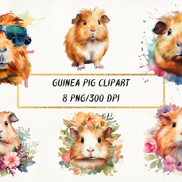 Watercolor Guinea Pig Clipart, Floral Guinea Portrait PNG Bundle, Cute Guinea Pig Art, Guinea Pig Digital Graphics, Commercial Use