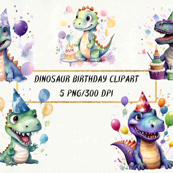 Watercolor Dinosaur Birthday Clipart, 5 Dinosaur Birthday Party PNG Bundle, Birthday Boy Clipart, Dinosaur Happy Birthday Pack