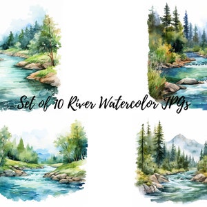 Acquerello River Landscape Clipart, 10 Mountain River Landscape, JPG, Alta qualità, Uso commerciale, Mestieri di carta, Creazione di carte, Media misti