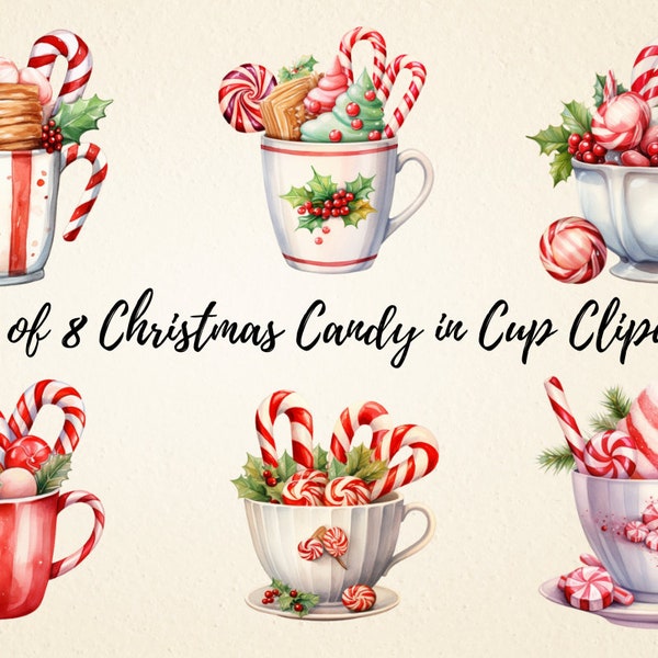 Delightful Christmas Candy Cup Clipart, Watercolor Candy Canes PNG Illustrations, Perfect for Festive Invitations and Gift Tags