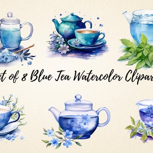 Clipart acquerello tè blu, invito al tea party, pacchetto PNG con illustrazioni di alta qualità, diario spazzatura, scrapbooking, creazione di carta digitale