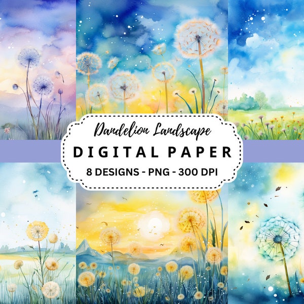 Watercolor Dandelion Landscape Digital Paper, High Quality PNG Backgrounds, Digital Planner, Junk Journaling, Digital Download