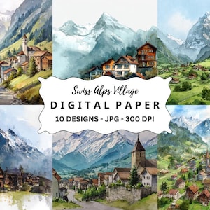 Swiss Alps Watercolor Images: Village Scenes for Scrapbooking (JPG Download)