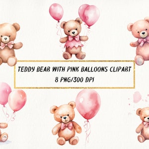 Aquarell Teddybär mit rosa Luftballons Clipart, niedlicher Teddybär alles Gute zum Geburtstag PNG Bundle, Bär Babyparty, digitaler Download