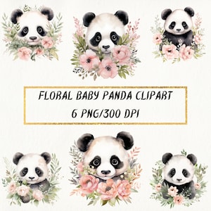 Floral Baby Panda PNG Clipart Aquarell Sublimation, kommerzielle Nutzung, Kartenherstellung, digitales Papier Handwerk, Scrapbooking, Kinderzimmer Dekor