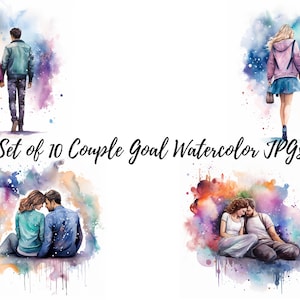 10 imágenes prediseñadas de acuarela de objetivo de pareja, objetivos de relación almas gemelas, JPG de alta calidad, manualidades de papel digital, fabricación de tarjetas, técnica mixta