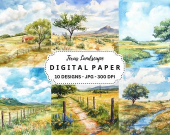 Texas Landscape Watercolor Illustrations: Digital Paper Pack (JPG Files)