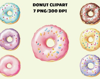 Clipartset aquarel donut: png-afbeeldingen, feestdecor (digitale download)