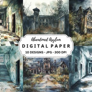 Fondos de acuarela de un asilo abandonado, paquete de papel digital, conjunto de 10 archivos JPG, imágenes de terror, uso comercial