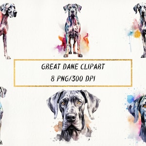 Great Dane Watercolor Clipart, Pet Portrait PNG Bundle, High Quality Images, Digital Paper Crafts, Scrapbooking, Mixed Media, Commercial Use