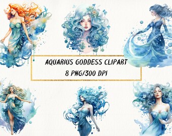Watercolor Aquarius Goddess Clipart: Zodiac PNG Bundle (Commercial Use)