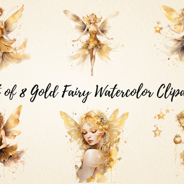 Gold Fairy Watercolor Clipart, Printable Fairies PNG Bundle, High Quality Images, Nursery Art, Scrapbooking, Mixed Media, Junk Journal