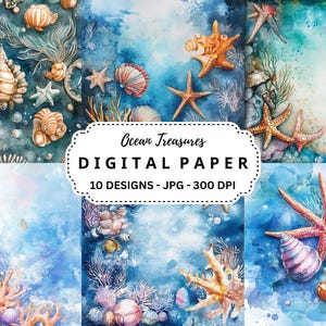 Pacote de clipart de tesouros do oceano, 10 arquivos JPGs de alta qualidade para diário de lixo, scrapbooking, artesanato digital, conjunto de fundos de aquarela