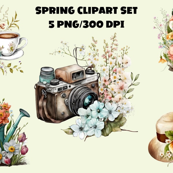 Happy Spring Clipart Watercolor Set, Floral Clipart PNG, 5 Wonderful Sublimation Designs perfect for T-Shirt, Mugs, Wall Art