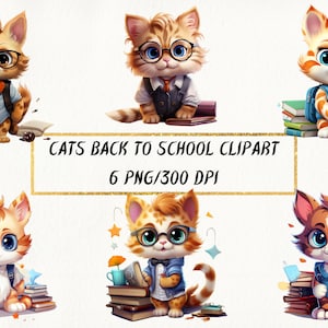 Clipart de gatos fofos de volta às aulas, pacote PNG de gatos adoráveis para uso comercial, papel digital escolar, convites de volta às aulas para meninas