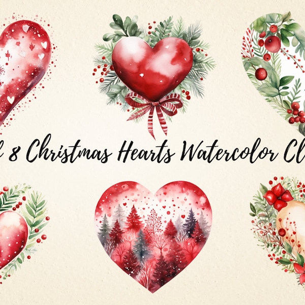 Christmas Hearts Watercolor Clipart, Christmas Decoration Sublimation, Holiday Winter PNG Bundle, Commercial Use, Digital Download