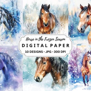 Könnte beinhalten: Digitales Papierpaket mit 10 Aquarell-Illustrationen von Pferden in einer verschneiten Winterlandschaft. Die Pferde sind in verschiedenen Farben, darunter Weiß, Braun und Blau, dargestellt und vor dem Hintergrund von schneebedeckten Bäumen und einem hellblauen Himmel.
