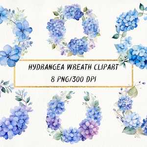 Clipart de guirlanda de hortênsia em aquarela, pacote PNG de molduras de borda floral, guirlanda de hortênsia blush, aquarela de guirlanda de hortênsia azul