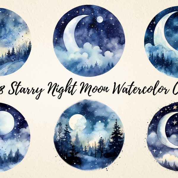 Starry Night Moon Watercolor Clipart, Night Sky High Quality PNG Sublimation Bundle, Digital Paper Crafts, Junk Journal, Commercial Use
