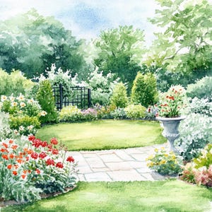 May include: A watercolor painting of a garden with a stone patio, lush green foliage, and a white urn with red flowers. The garden is surrounded by trees and bushes.