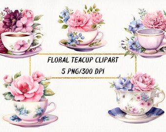 Clipart de taza de té floral en acuarela: Paquete PNG de fiesta de té (descarga digital)