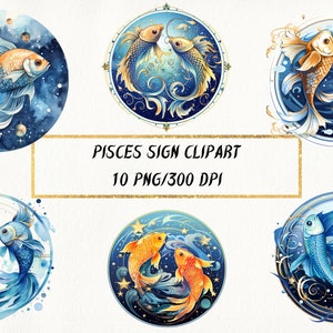 Aquarel Vissen Teken Clipart, Horoscoop Vissen PNG Bundel voor commercieel gebruik, Sterrenbeeld Clipart, Astrologische Symbolen Clipart