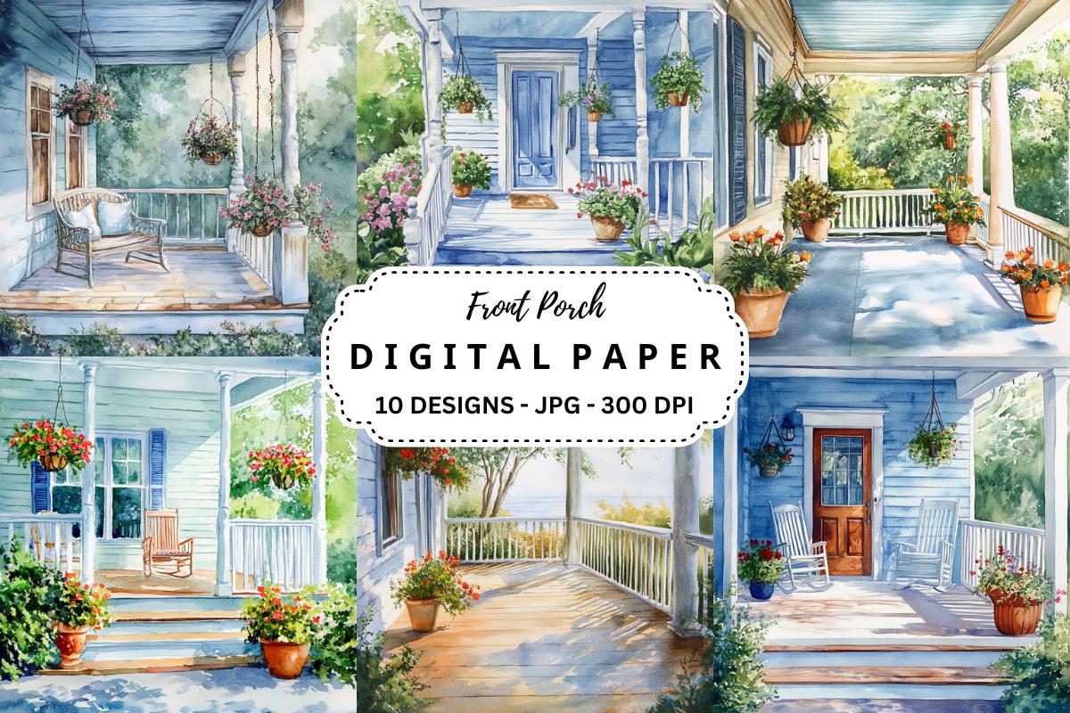 Front Porch Watercolor Clipart: Digital Paper Backgrounds (JPG Files)