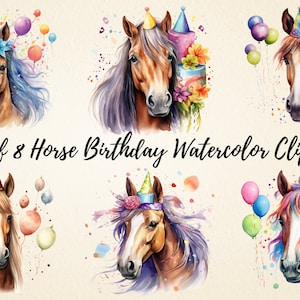Clipart de acuarela de cumpleaños de caballo, paquete PNG de caballo de feliz cumpleaños, imágenes de alta calidad, sublimación de caballo, invitación de cumpleaños, arte infantil