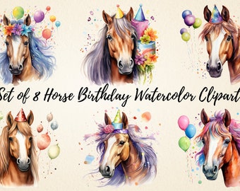 Horse Birthday Watercolor Clipart, Happy Birthday Horse PNG Bundle, High Quality Images, Horse Sublimation, Invitation Birthday, Nursery Art