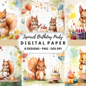 Fond Aquarelle Écureuil De Fête D'anniversaire, Carte D'invitations D'anniversaire, Travaux Manuels Numériques En Papier, Faire-part À Une Fête, Sublimation