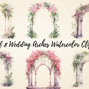 Conjunto de imágenes prediseñadas de arcos de boda, arcos de boda florales románticos de acuarela ilustraciones PNG de alta calidad, perfecto para invitaciones, decoraciones