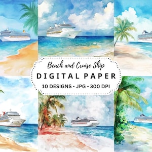 Watercolor Beach & Cruise Ship Backgrounds: 10 JPG Images (Digital Download)