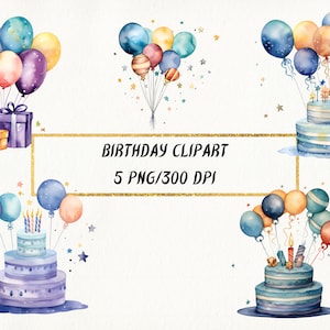 Watercolor Birthday Clipart: Balloons & Cake PNG Bundle (Digital Download)
