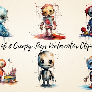 Pacote de clipart de brinquedos assustadores, brinquedos vintage em aquarela, ilustrações PNG de alta qualidade, artesanato em papel digital, álbum de recortes, diário de lixo