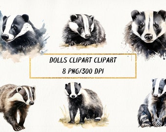 Watercolor Badger Clipart, Cute Badger PNG Bundle, Animal Clipart, Cute Forest Animal Creatures, Woodland Animals Clipart, Commercial Use